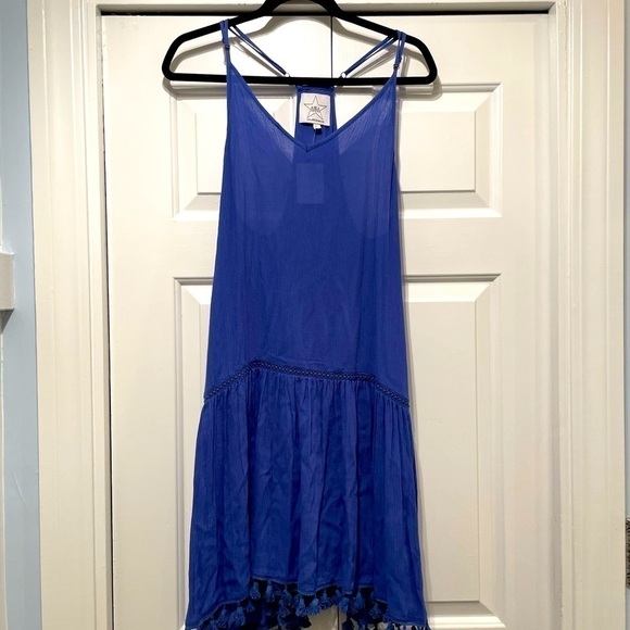 AREA STARS Beach Cover Up Dress Women’s L Pom Pom Hem Sundress Blue NWT - Picture 4 of 12